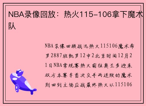 NBA录像回放：热火115-106拿下魔术队