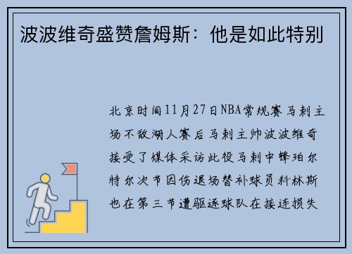 波波维奇盛赞詹姆斯：他是如此特别