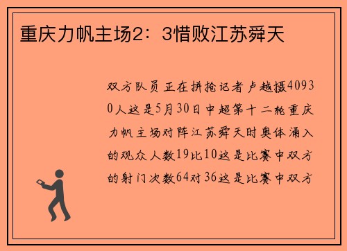 重庆力帆主场2：3惜败江苏舜天